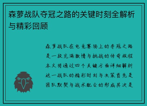 森萝战队夺冠之路的关键时刻全解析与精彩回顾